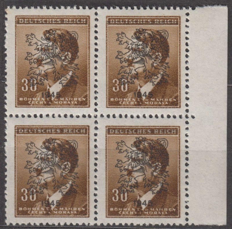 Bohemia and Moravia Scott #63 (1942) 1945 liberation overprint block of 4 MNH