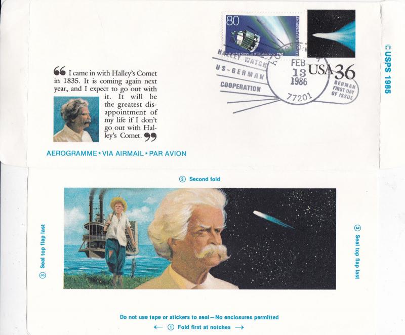 West Germany-USA Mark Twain-Halleys Comet 36c Aerogramme Unused FDI VGC Rare