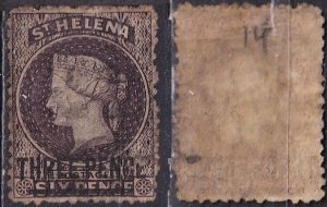 Saint Helena 14 (used, heavy soiling) 3p on 6p Queen Victoria, dk vio (1873)