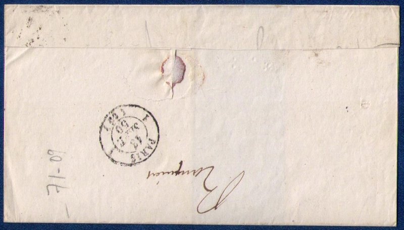 FRANCE (1850) Sc #6 Postal Cover Sur Lettre Paris, Rare Cancellation F-VF