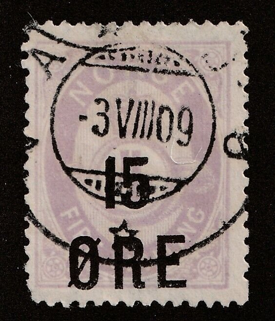 1908 Norway Sc# 62 - 15o surcharge, Post Horn & Crown. Used, 1909 cancel, Cv$11