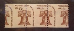 Scott #1618 Liberty Bell coil MISPERF ERROR strip of 3  MINT, VF, NH