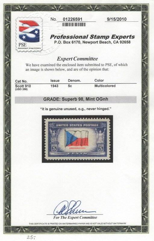  #910 98 N.H. SMQ $25. w/ P.S.E. Certificate  (GP2 7/24/19)