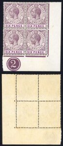 Gibraltar SG80 6d Dull Purple and Mauvr U/M Plate Block  Cat 40+++  pounds