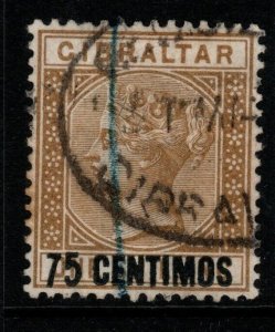 GIBRALTAR SG21 1889 75c on 1/= BISTRE CRAYON CANCEL USED