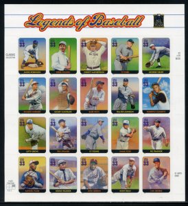 UNITED STATES SCOTT #3408 LEGENDS OF BASEBALL COMPLETE SHEET MINT NH