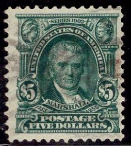 US Stamp #313 $5 Marshall USED SCV $675.00. Light Cancel!