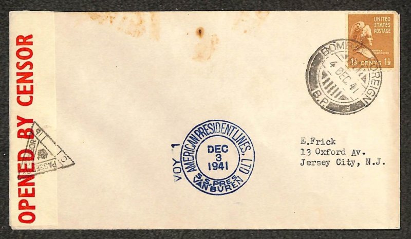 USA 849 PREXY STAMP SS PRESIDENT VAN BUREN SHIP INDIA NJ CENSORED WW2 COVER 1941