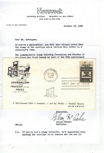 Farnam 1119 JOURNALISM FREEDOM OF PRESS 1st NEWSWEEK CACHET & COPY OF LETTER