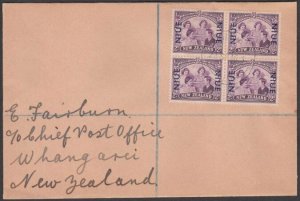 NIUE 1946 Peace 2d block of 4 on cover to New Zealand.......................U770