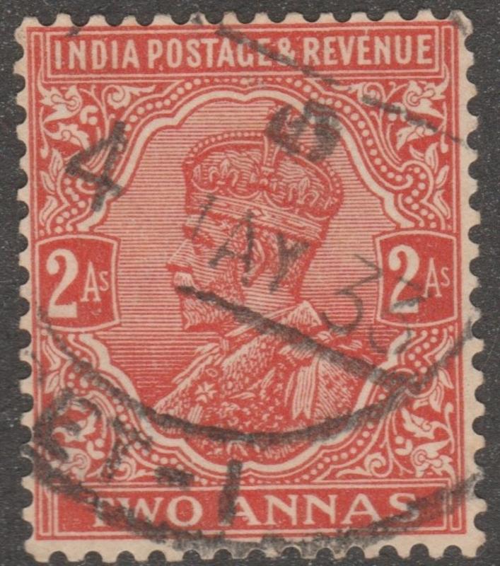 India stamp, Scott# 127, used, two annas, postmark, red orange, #M091