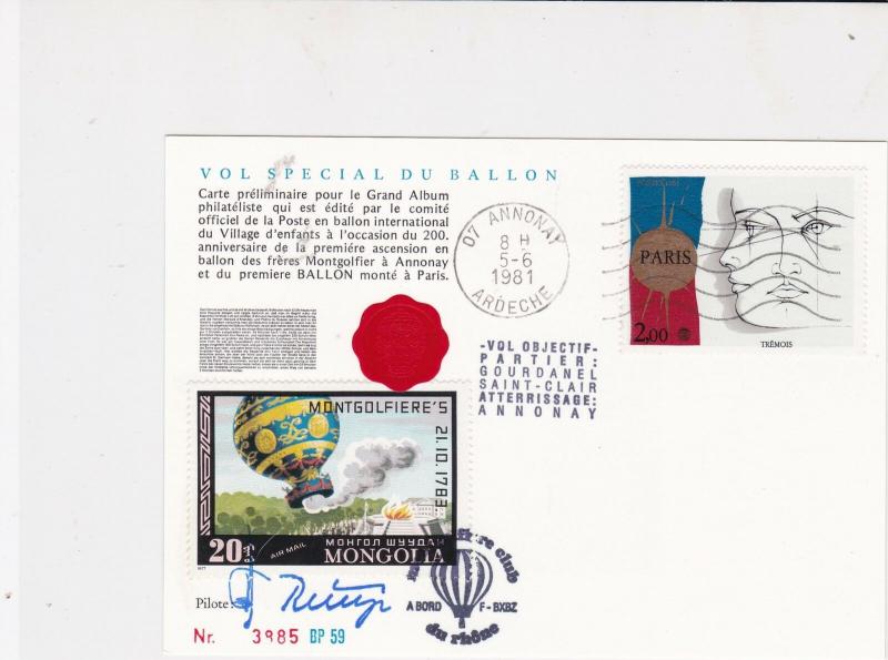 mongolia 1981 balloon stamps card ref 20902