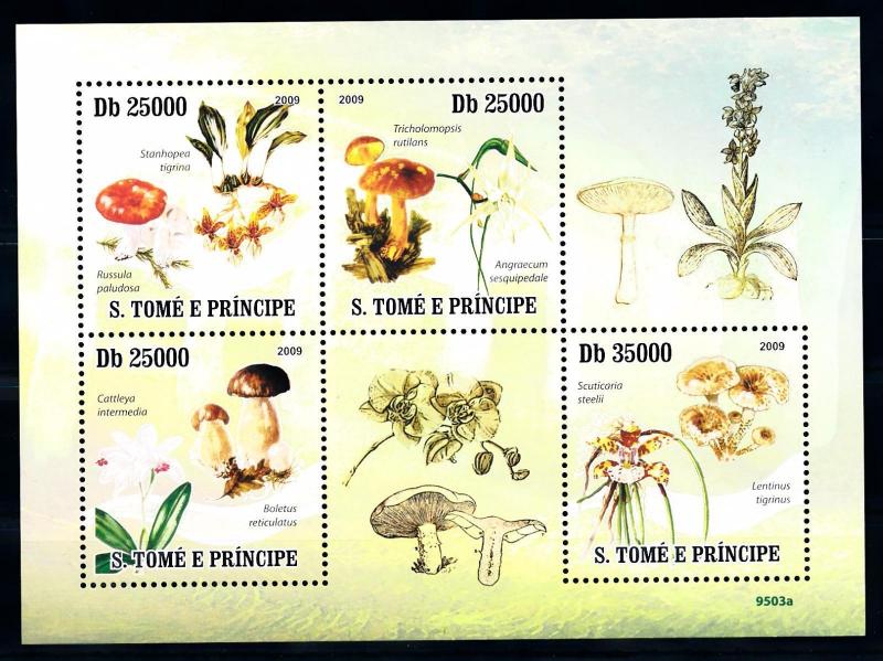 [68773] Sao Tome & Principe 2009 Mushrooms Pilze Champignons Orchids Sheet MNH