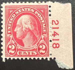 Scott#: 583 - George Washington 2¢ 1924 BEP Plate # single stamp MNHOG - Lot E9