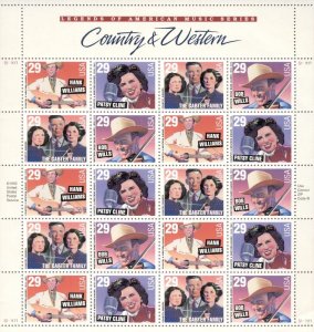 US: 1993 COUNTRY & WESTERN MUSIC; Sheet Sc 2771-74; 29 Cents, Cline, Williams