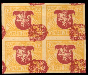 Lithuania #36P, 1919 75sk imperf. block of four on buff unwatermarked paper, ...