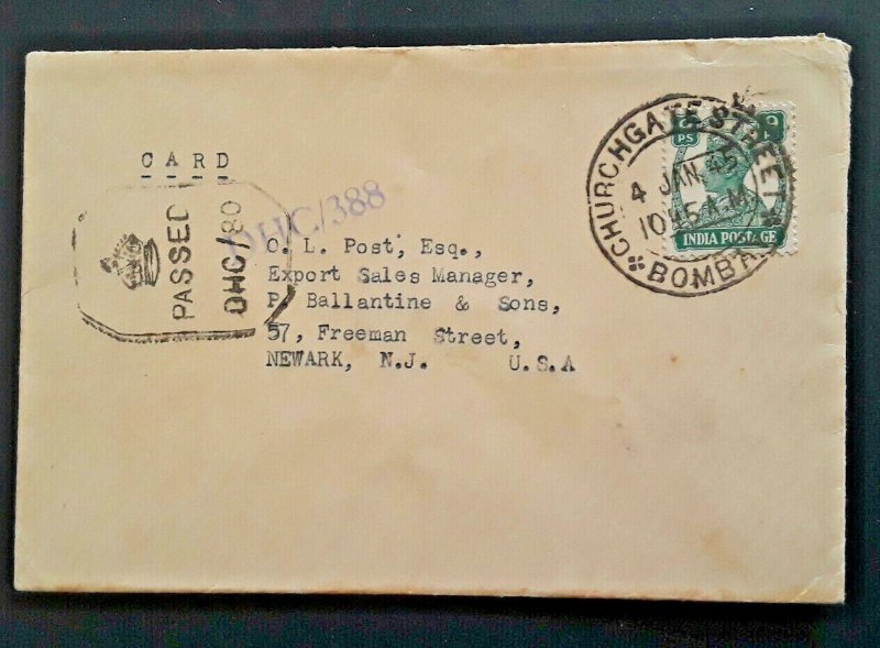 1945 Churchgate Street Bombay India To Newark New Jersey India Censor Cover