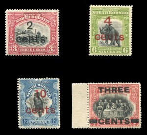 North Borneo #160-162, 166 (SG 186-188,276) Cat£113, 1916-23 Surcharges, fou...