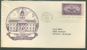 US 838 1938 3c Iowa Territory Centennial (single) on an addressed (tyed) FDC with a Purcell cachet