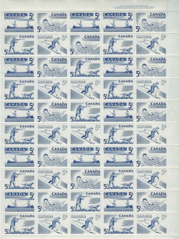 CANADA - #365-#368 - 5c RECREATION SPORTS UR PLATE #1 FULL SHEET (1957) MNH 