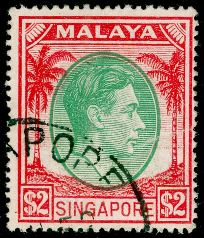 SINGAPORE SG29, $2 green & scarlet, FINE USED.