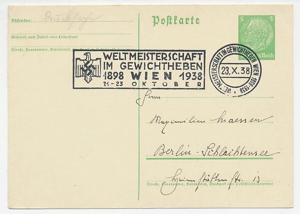 Postcard / Postmark Germany / Austria 1938 Weightlifting - World Championship