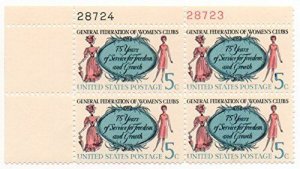 1966 Gen. Federation of Women’s Clubs Plate Block of 4 5c Postage Stamps, MNH,OG