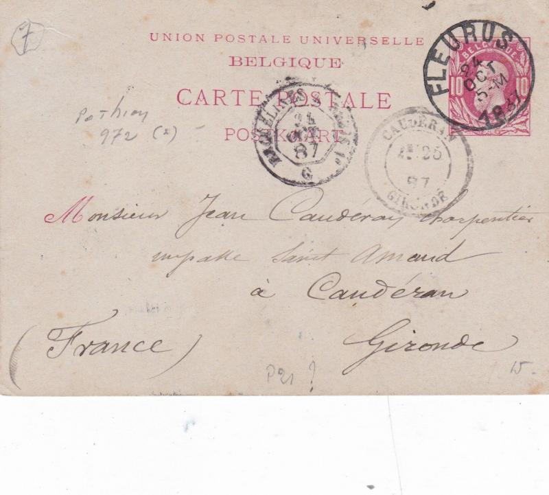  Belgium 1887 10c King Leopold Fleurus to Cauderon Postcard VGC