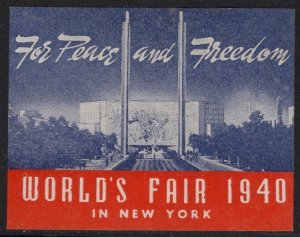 1940 US Poster Stamp World's Fair in New York For Peace & Prosperi...