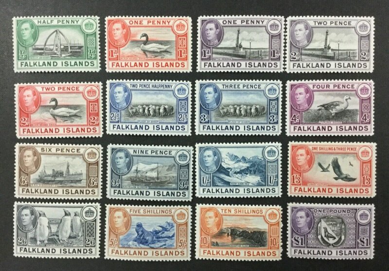 FALKLAND ISLANDS #84-96, 1938-46 set of 16, KGVI, FVF, MH. CV $361.20. (BJS)