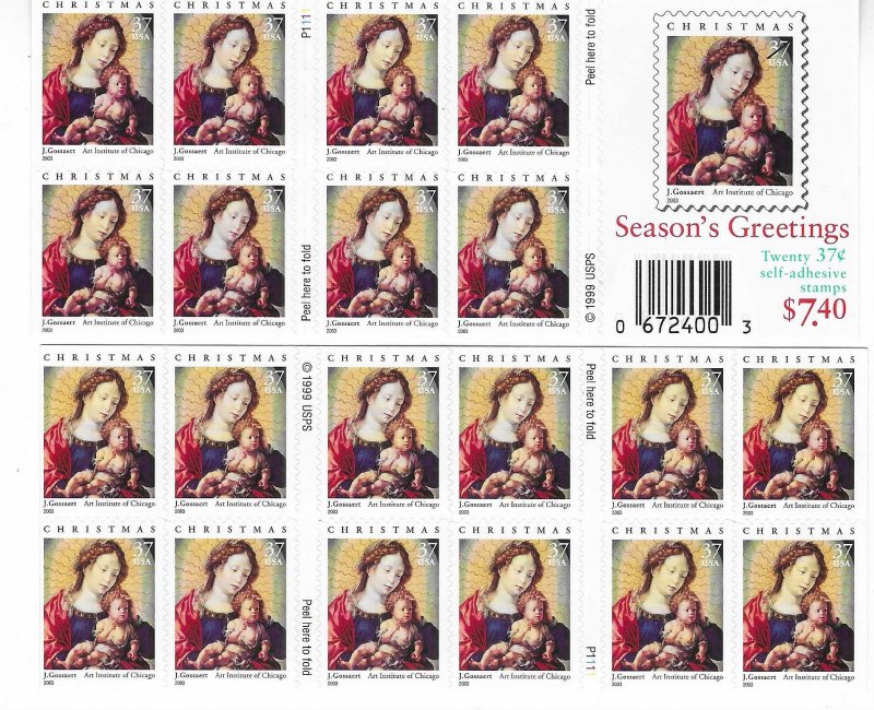 US #3820a  $0.37  Christmas (MNH) pane of 20 CV $15.00