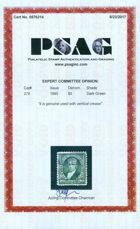EDW1949SELL : USA 1895 Sc #278 Used. Fresh w/XF centering. PSAG Cert. Cat $625