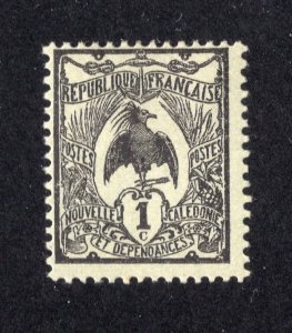 New Caledonia 1905 1c black on green Kagu, Scott 88 MH, value = 30c