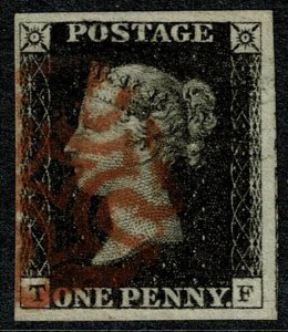 GB 1d Black TF Plate 6. Four good to large margins. Red Maltese cross cance...