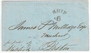 1853 incoming private ship letter from Halifax, NS, to Boston, Mass.