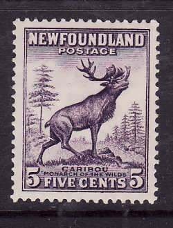 Newfoundland-Sc#191- id8-unused hinged 5c deep violet-Caribou-1932-7-