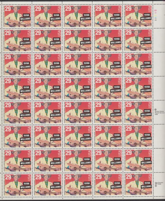 US #2723   Hank Williams  Full sheet of 40  MNH