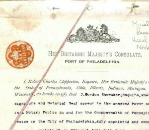 GB/USA QV REVENUE British CONSULATE *Port of Philadelphia* 1884 Document CV250