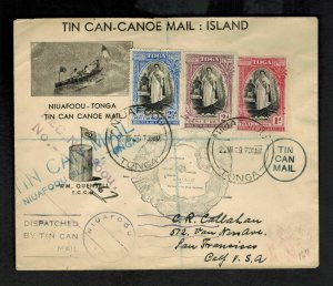 1939 Tonga Toga Tin Can Canoe Mail Illustrated Cover to the USA Quensell Signed