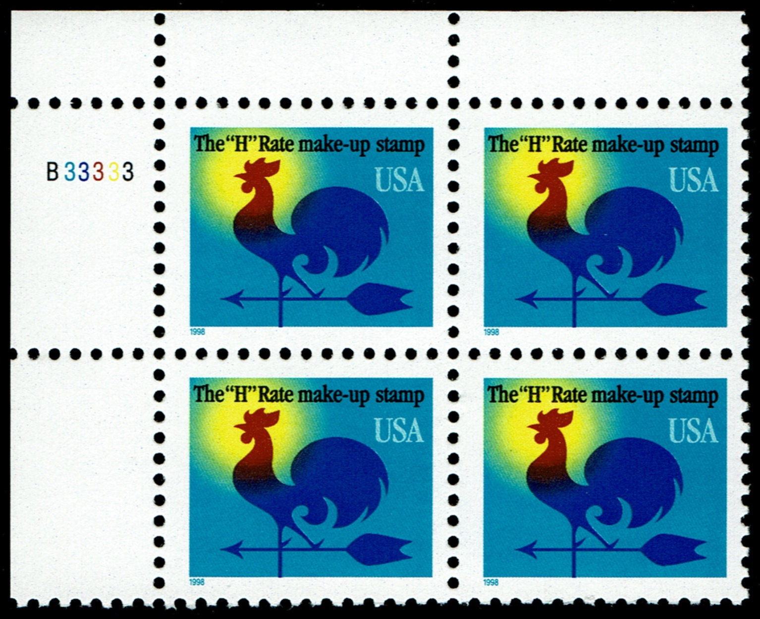 United States 3258 Plate Block MNH HRate Rooster Weather Vane (1998
