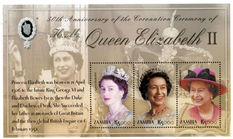 Zambia 2003 - Queen Elizabeth II 50th Anniversary - Sheet of 3 - Scott 999 - MNH