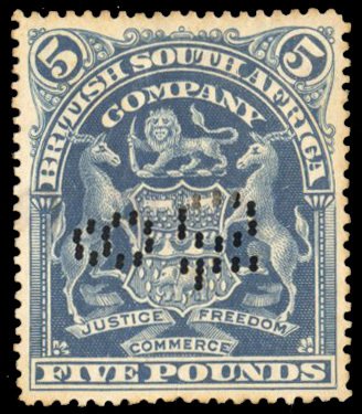 Rhodesia #74 Cat$125, 1901 £5 dark blue, revenue punch cancel, toned