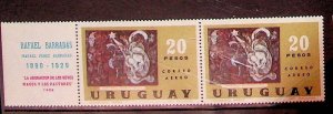 URUGUAY Sc C393 NH ISSUE OF 1972 - PAIR W/LABLE - ART