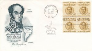 United States sc# 1110 FDC - Block of 4 - Simon Bolivar - Artmaster  Cachet