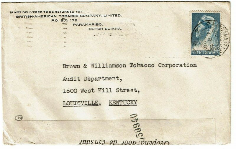 Suriname 1940 Paramaribo cancel on cover to the U.S., censor tape variety