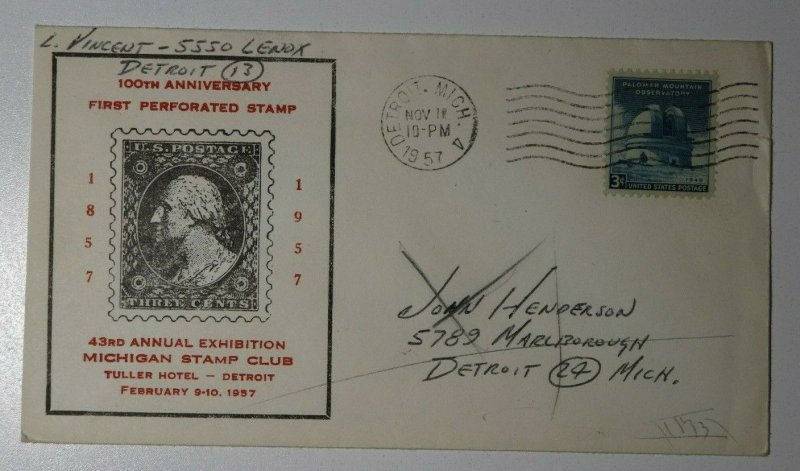 MIchigan Stamp Club 100th Annv 1st Perf Stamp Tuller Hotel Detroit Philatelic