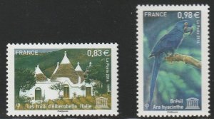 FRANCE for UNESCO 2014 WHS Italy,  Hyacinth Macaw; MNH Scott Cat. No. 2O73-2O74