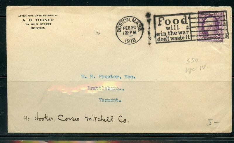 US BOSTON, MA 2/26/18 WAR SLOGAN 3-CENT WASHINGTON COVER TO BRATTLEBORO AS SHOWN