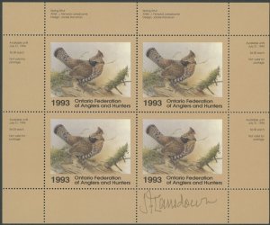 1993 CANADA-ONTARIO ANGLERS & HUNTERS, RUFFED GROUSE SRTIST SIGNED M/S, VD.#OW1c