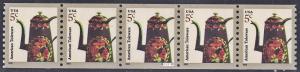 SC#3612 5¢ Toleware Coffeepot Reprint Plate Strip of Five: #S1111111 (2012) MNH